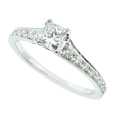 Princess cut diamond solitaire with diamond set shoulders in 18ct white gold, 0.72ct