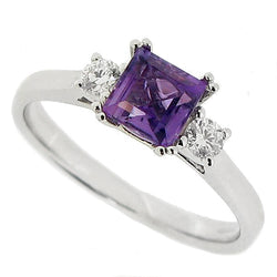 Amethyst and diamond three stone ring in 9ct white gold