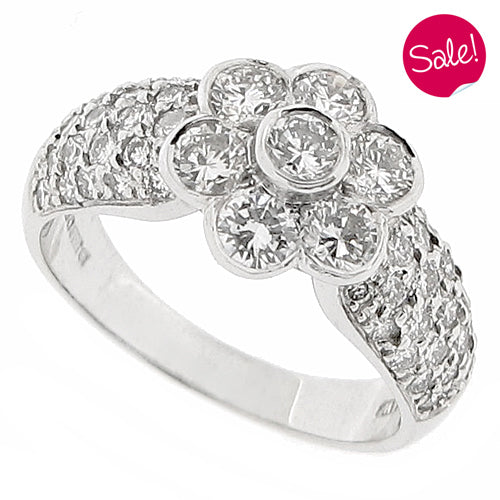 Diamond floral cluster ring with diamond set shoulders in 18ct white gold, 1.70ct