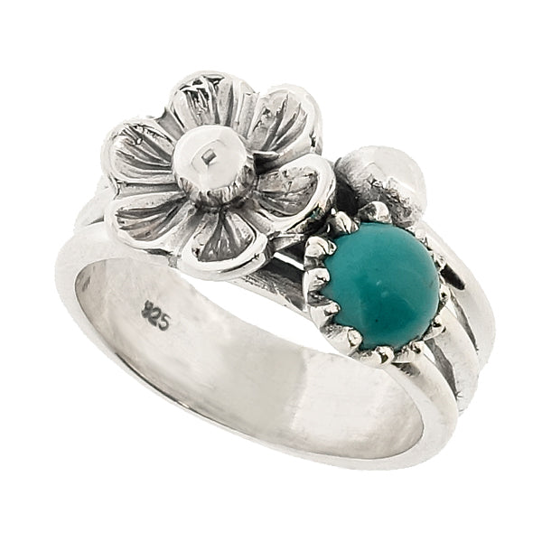 Turquoise floral design dress ring in silver