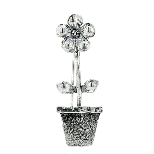 Flower in a pot brooch in silver