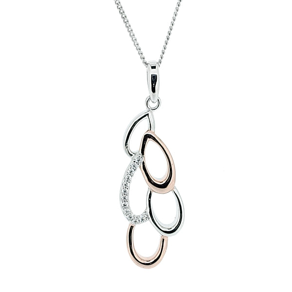 Cubic zirconia teardrop cluster pendant and chain in silver with rose gold plating