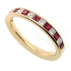 Princess cut ruby and diamond half eternity ring in 18ct gold