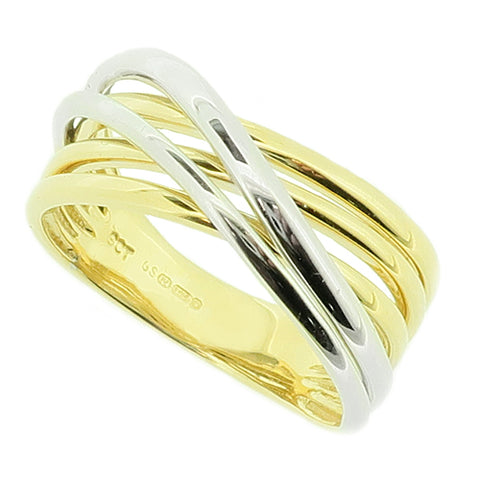 Crossover wave design ring in 9ct yellow and white gold