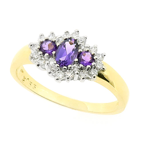 Amethyst and cubic zirconia cluster ring in 9ct gold