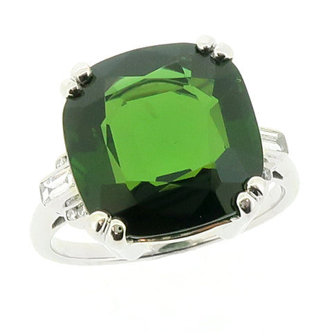 Green tourmaline and diamond ring in platinum