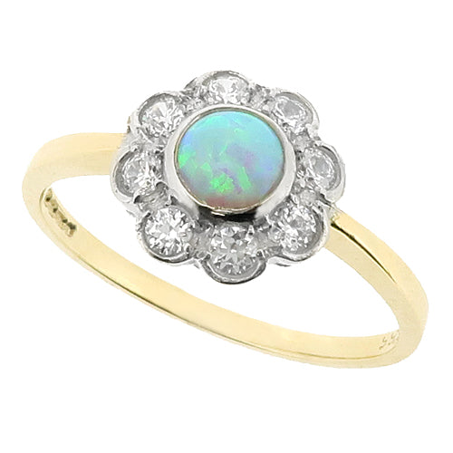 Simulated opal and cubic zirconia cluster ring in 9ct gold