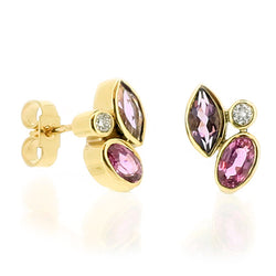Amethyst, pink sapphire and diamond cluster earrings in 9ct gold