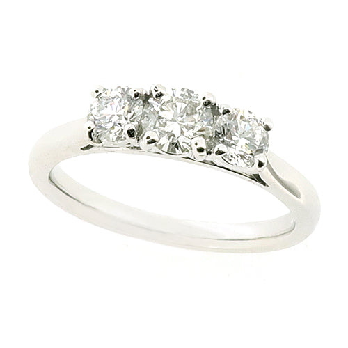Brilliant cut diamond three stone ring in platinum, 0.77ct