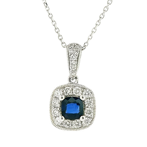 Sapphire and diamond pendant and chain in 18ct white gold