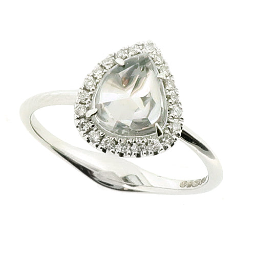 Rose-cut white sapphire and diamond halo cluster ring in 18ct white gold