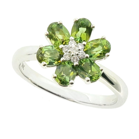 Green tourmaline and diamond floral cluster ring in 9ct white gold