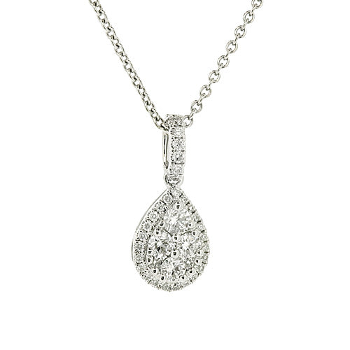 Diamond teardrop cluster pendant and chain in 18ct white gold, 0.38ct