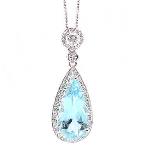 Aquamarine and diamond cluster pendant and chain in 18ct white gold