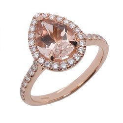 Morganite and diamond pear shape halo cluster ring in 18ct rose gold