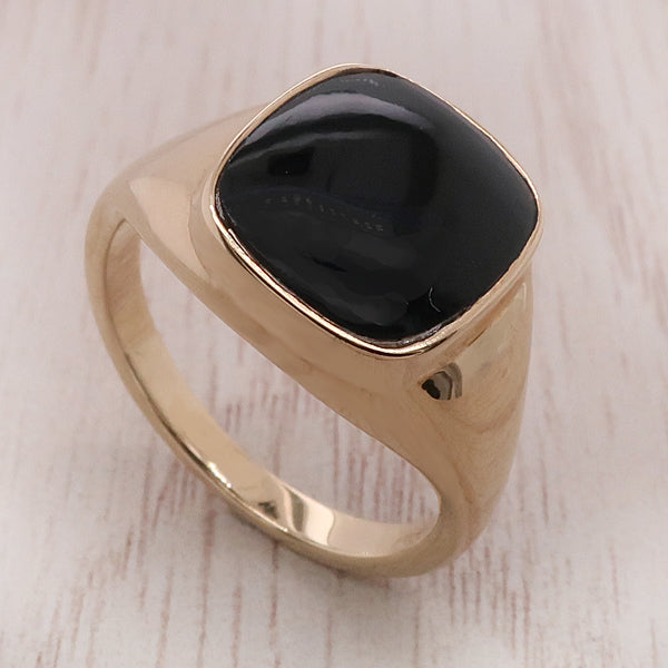 Onyx cushion shape signet ring in 9ct gold