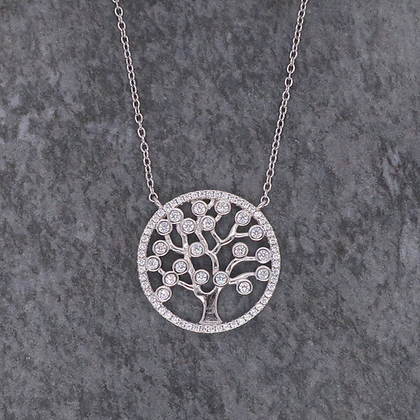 Cubic zirconia tree of life necklace in silver