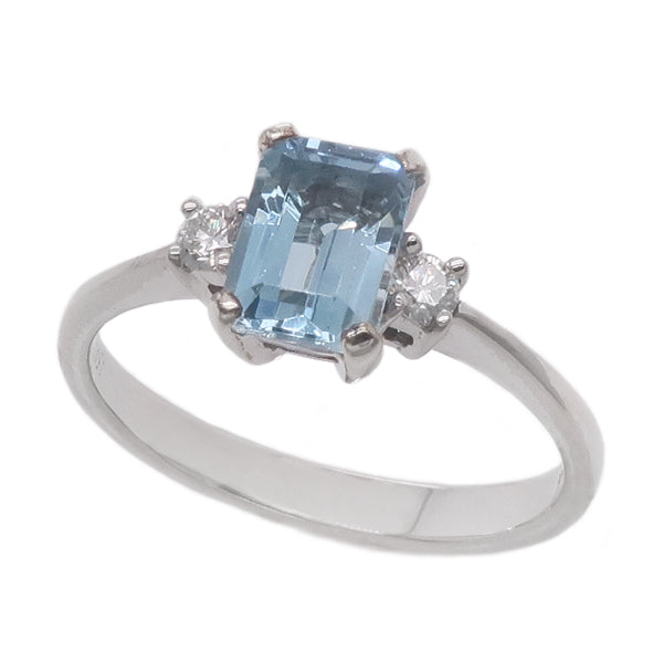 Aquamarine and diamond three stone ring in 18ct white gold