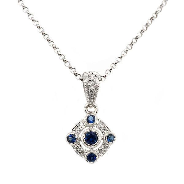 Sapphire and diamond cluster pendant and chain in 9ct white gold