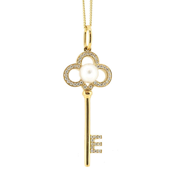 Cultured pearl and diamond key pendant in 18ct gold