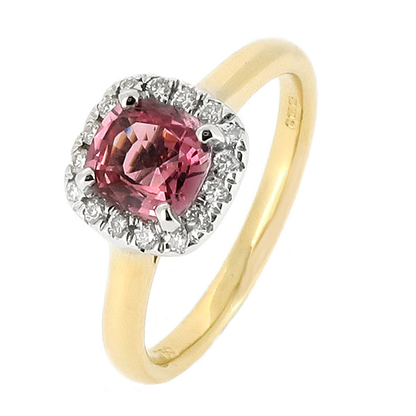 Unheated padparadscha sapphire and diamond halo cluster ring in 18ct gold