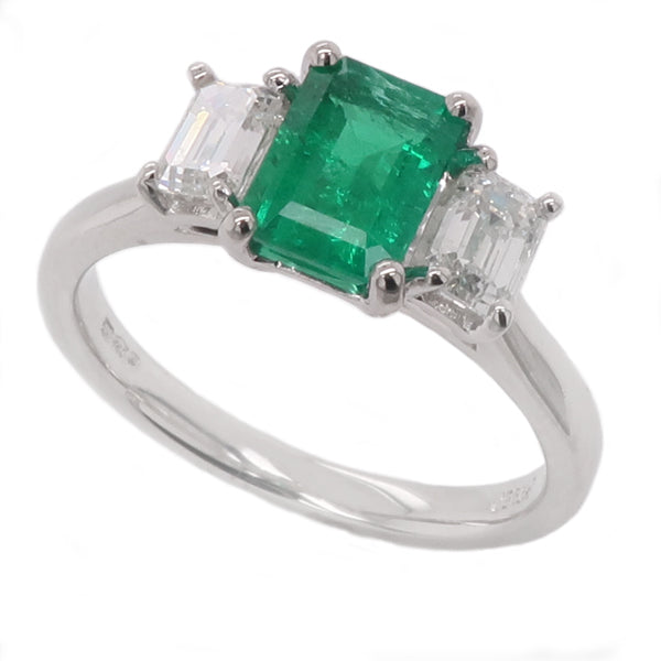 Emerald and diamond three stone ring in 18ct white gold