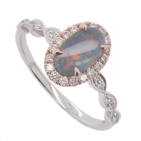 Black opal and diamond cluster ring in 18ct white and rose gold