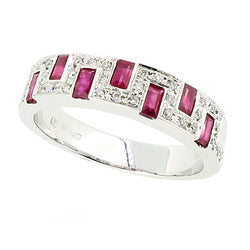 Ruby and diamond 'Greek Key' style half eternity ring in 18ct white gold