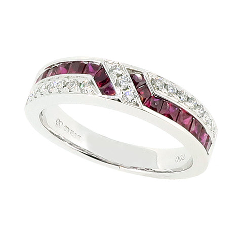 Ruby and Diamond deco-style offset band ring in 18ct white gold