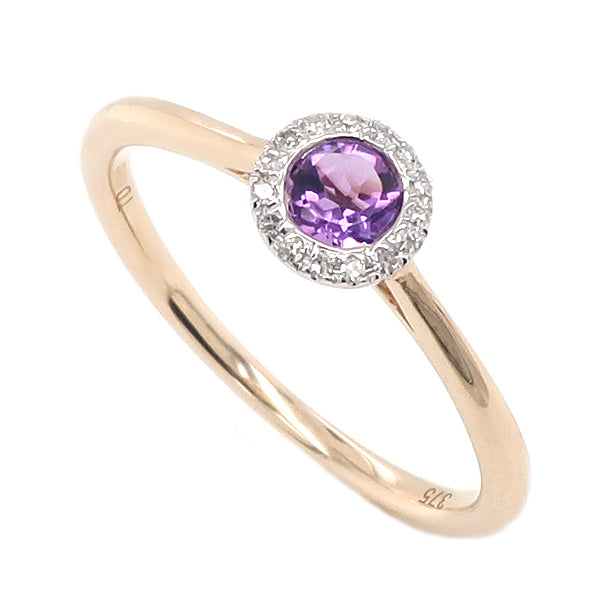 Amethyst and diamond halo cluster ring in 9ct gold
