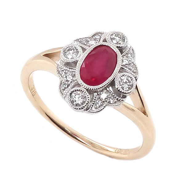 Ruby and diamond deco style cluster ring in 9ct gold