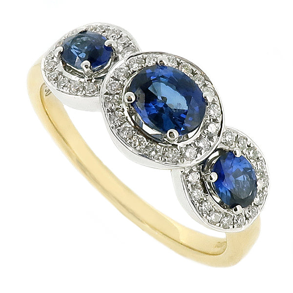 Sapphire and diamond triple halo cluster ring in 18ct gold