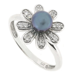 Freshwater pearl and diamond floral cluster ring in 9ct white gold