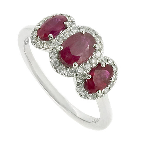 Ruby and diamond triple halo cluster ring in platinum
