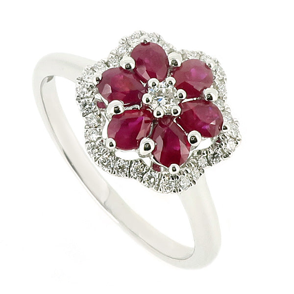 Ruby and diamond floral cluster ring in 18ct white gold