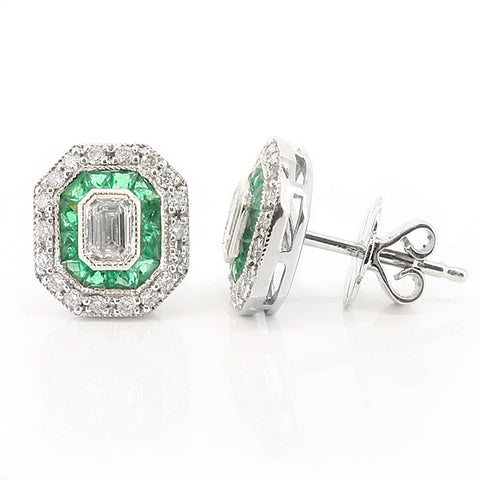 Emerald and diamond deco style cluster earrings in 18ct white gold