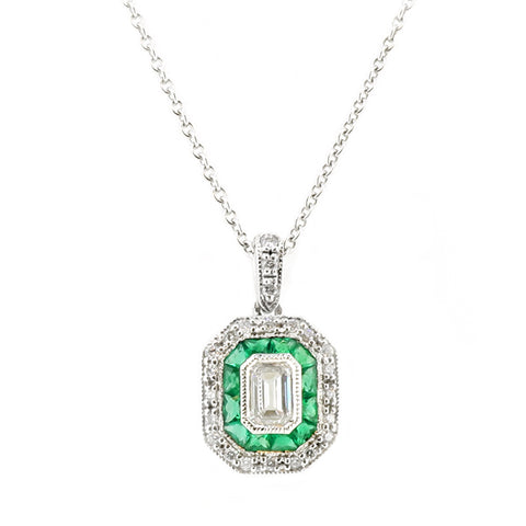 Emerald and diamond deco style pendant and chain in 18ct white gold