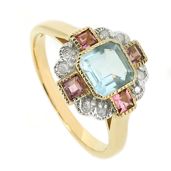 Aquamarine, pink tourmaline and diamond cluster ring in 9ct gold