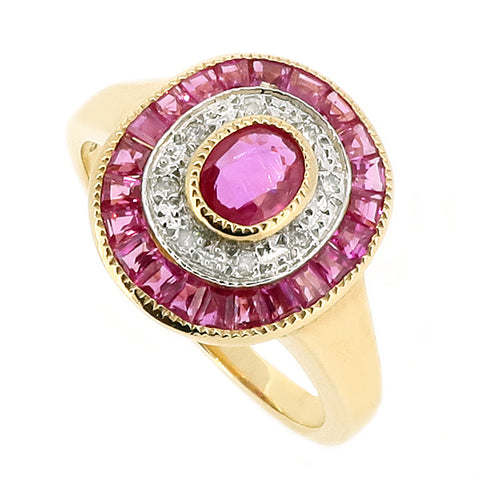 Ruby and diamond target cluster ring in 9ct gold
