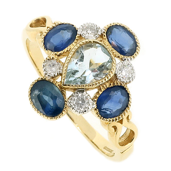 Aquamarine, sapphire and diamond cluster ring in 9ct gold