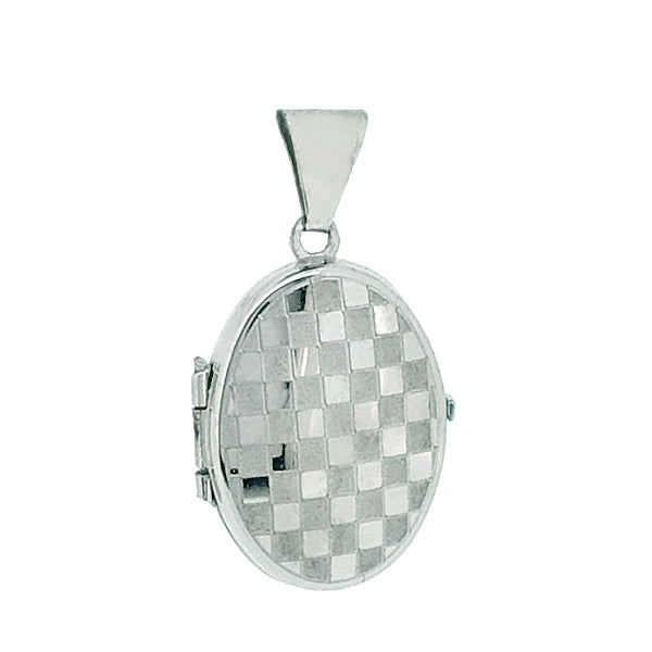 Checkerboard detail oval locket in 9ct white gold