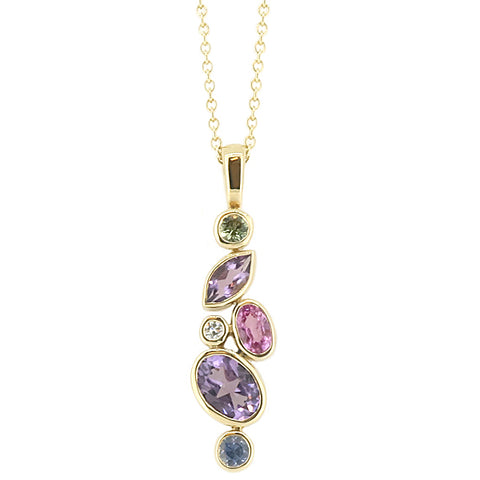 Multi-gemstone drop pendant and chain in 9ct gold