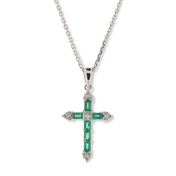 Neckwear - Emerald and diamond cross pendant and chain 18ct white gold  - PA Jewellery