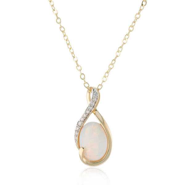 Opal and diamond pendant and chain in 9ct gold