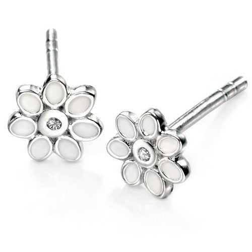 Diamond set flower stud earrings in silver