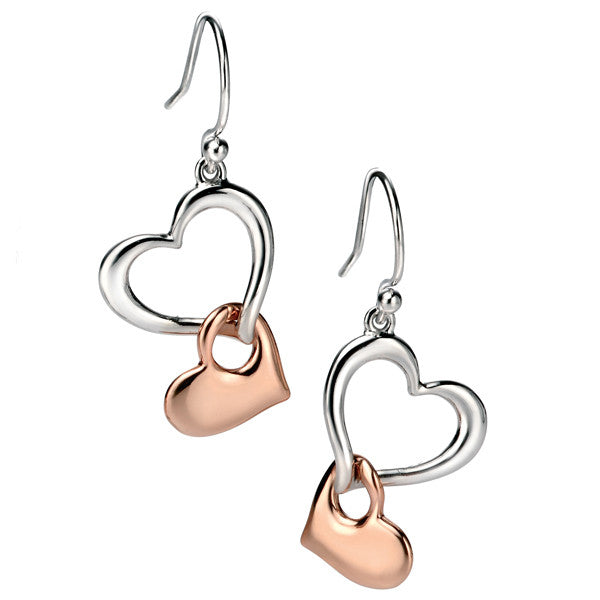 Earrings - Tumbling heart earrings in silver with rose gold plate  - PA Jewellery