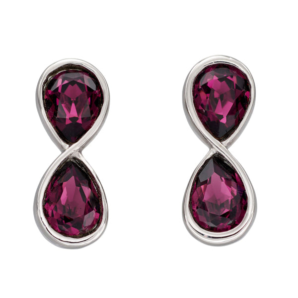 Purple crystal pear shape earrings in silver