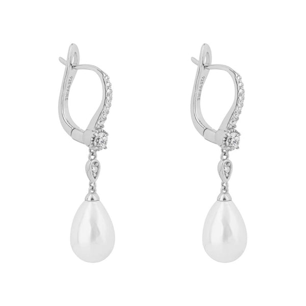 Simulated pearl and cubic zirconia drop earrings in silver