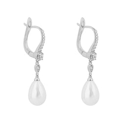 Simulated pearl and cubic zirconia drop earrings in silver