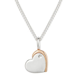 Diamond set heart pendant and chain in silver with rose gold plating